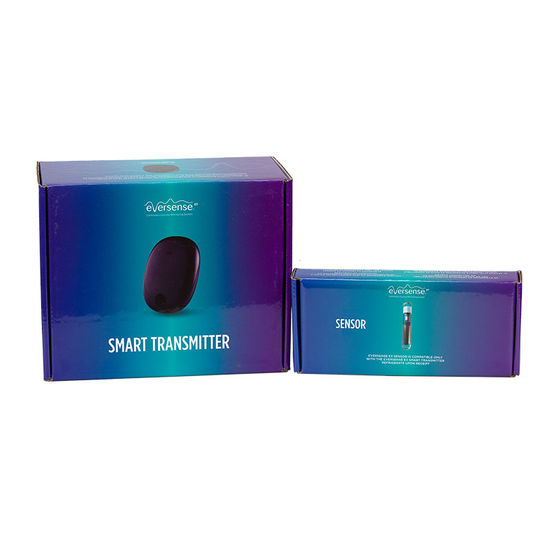 Eversense E3 Transmitter in mg/dl und der Sensor Verpackung
