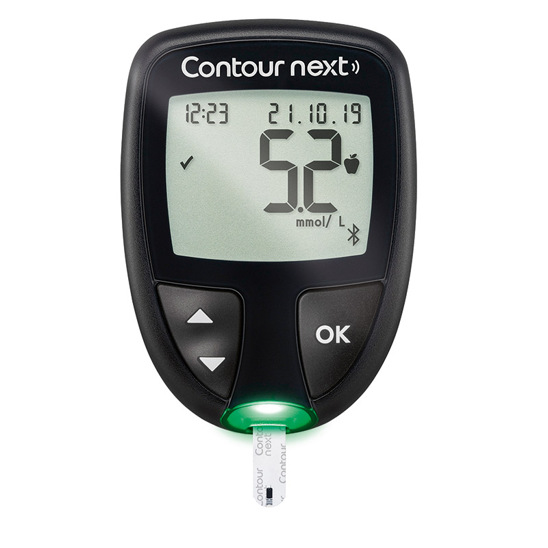 CONTOUR  NEXT Blutzuckermessgerät in mmol/l mit eingestecktem Sensor