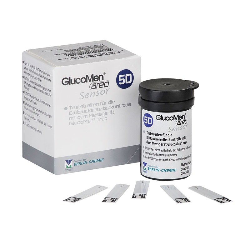 GlucoMen areo Blutzuckerteststreifen 50 Stück Verpackung mit Dose und einzelnen Sensoren