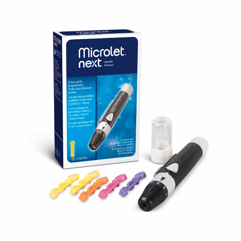 MICROLET NEXT Stechhilfe in schwarz mit Verpackung und Lanzetten