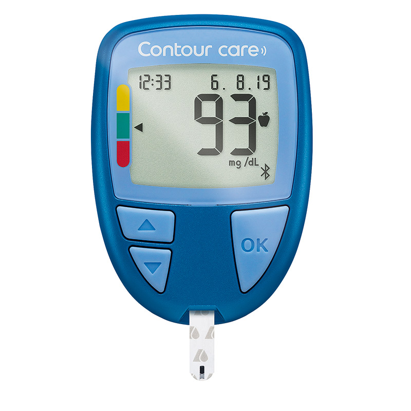 CONTOUR CARE Blutzuckermessgerät in mg/dl mit eingestecktem Teststreifen