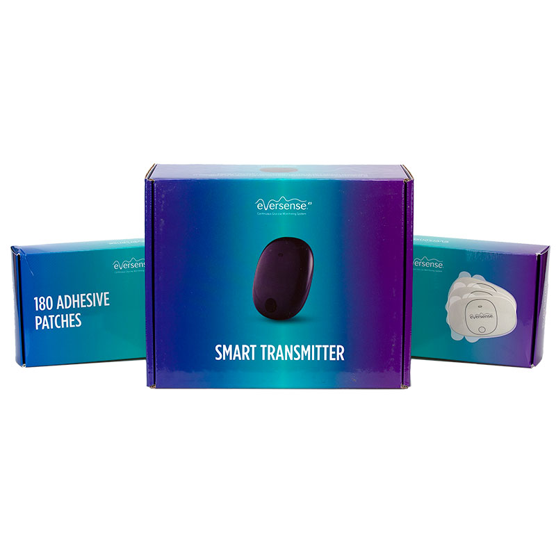Eversense E3 Transmitter in mmol/l und Klebepflaster Verpackung