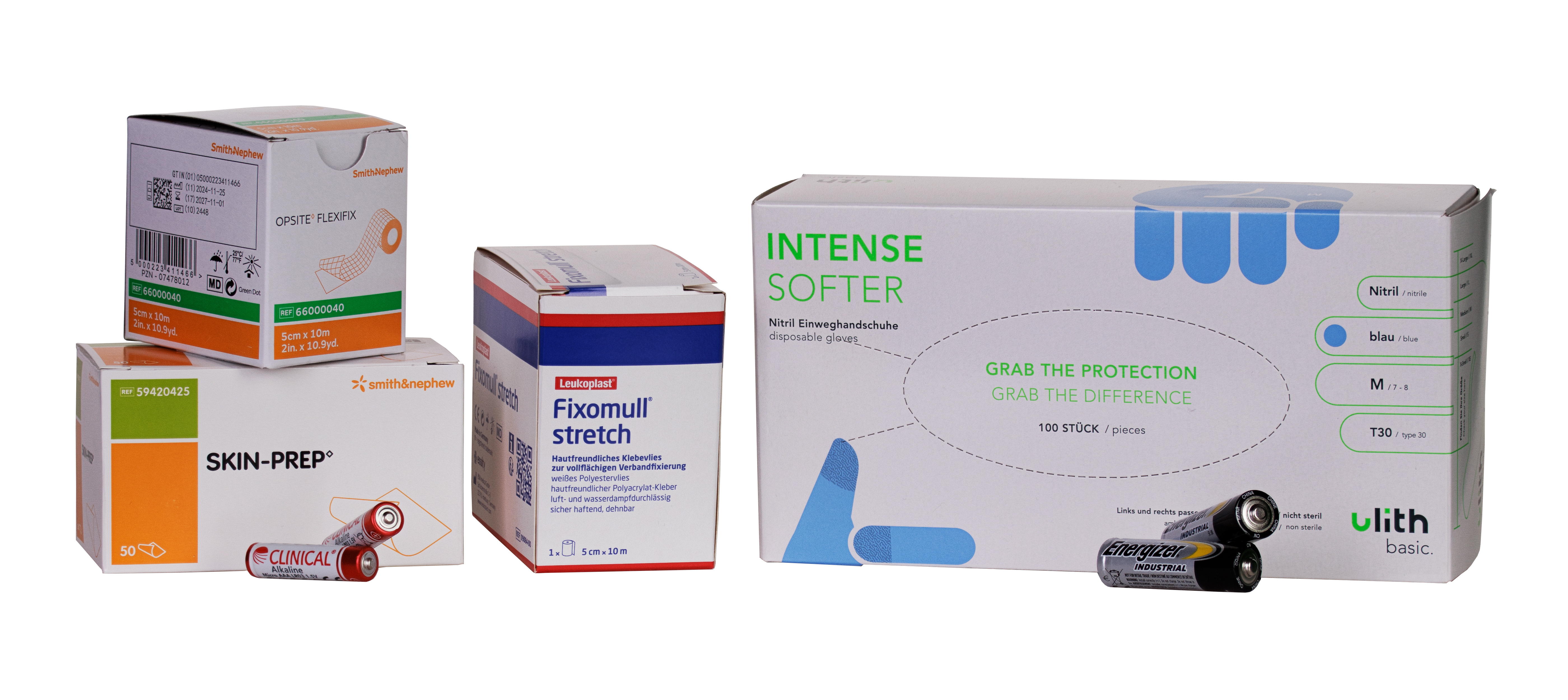 Einmalhandschuhe, verschiedene Pflaster und Batterien